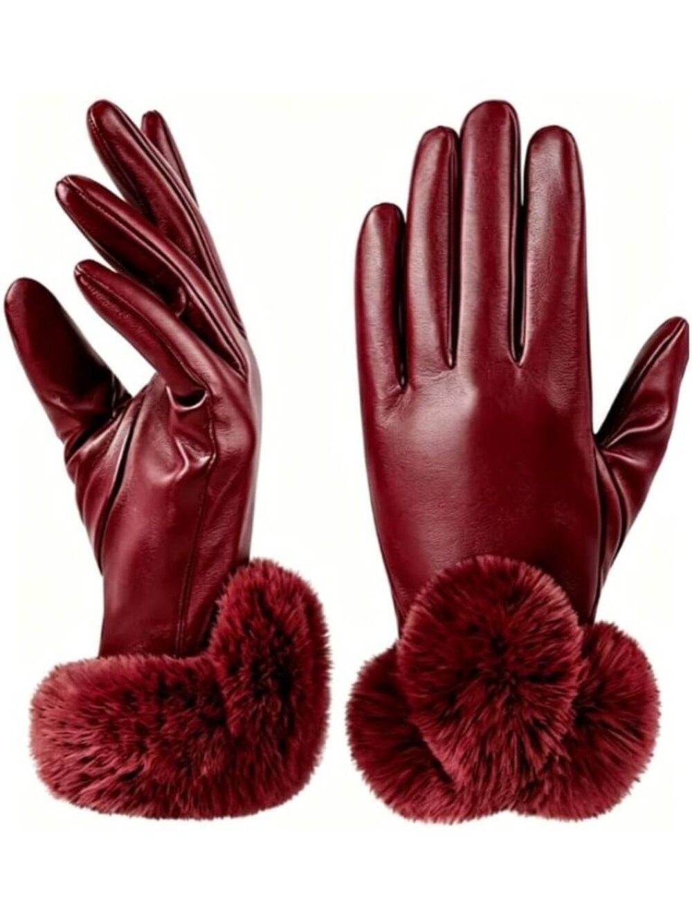 Women's Red Stylish Windproof Touch Screen PU Soft Plush Leather Winter Gloves